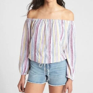 Gap XL Linen Yellow Pink Blue Striped Off-Shoulder Long Sleeve Top